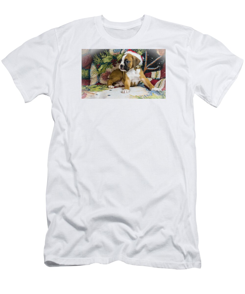 Puppy T-Shirt featuring the photograph Merry Christmas from Oscar the Boxer 1 by George Kenhan