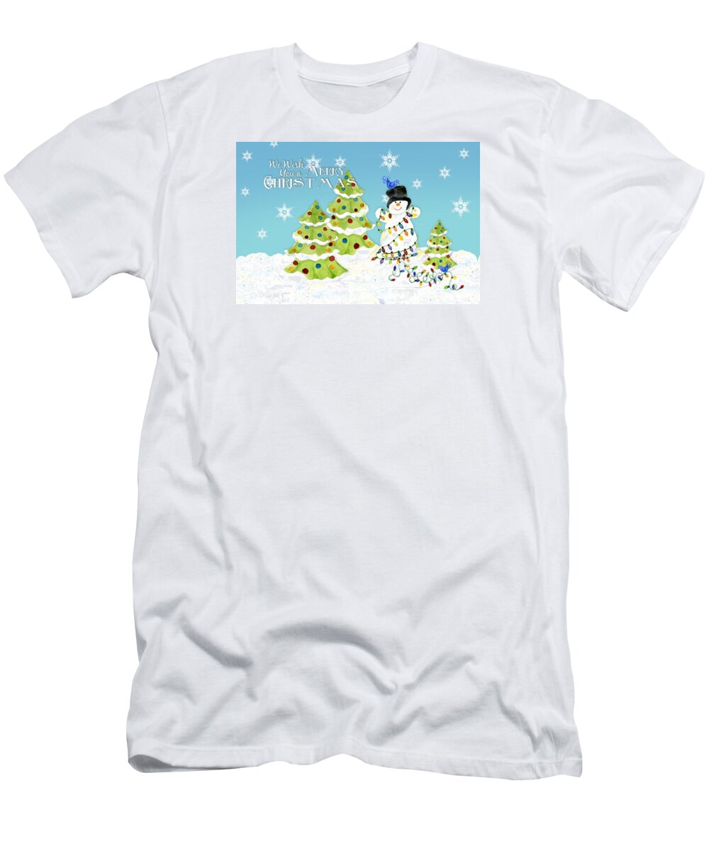 Classic T-Shirt featuring the painting Merry Christmas Typography Snowman w Christmas Trees n Blue Birds by Audrey Jeanne Roberts