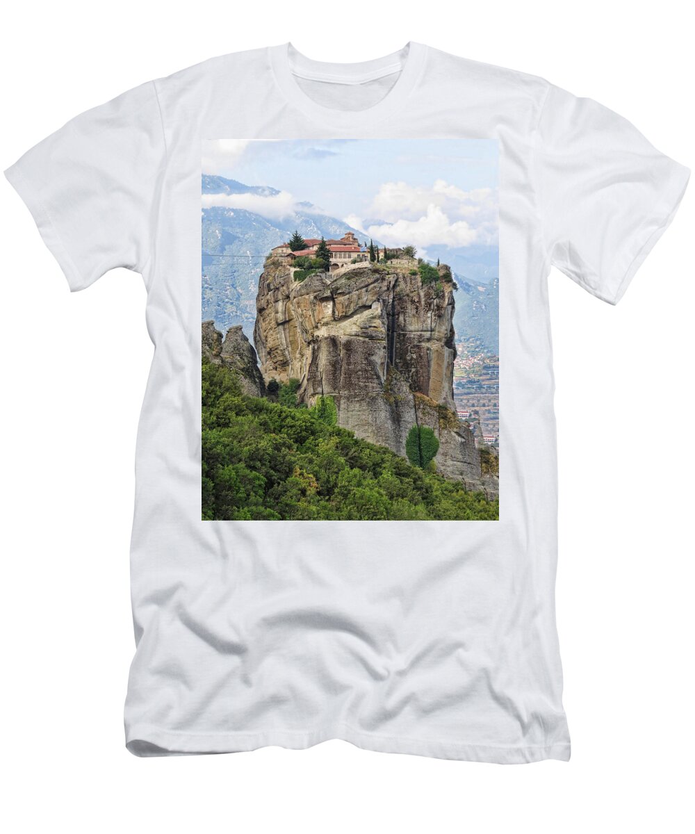 Monastery Of The Holy Trinity T-Shirt featuring the photograph Meteora Monastery by Helaine Cummins