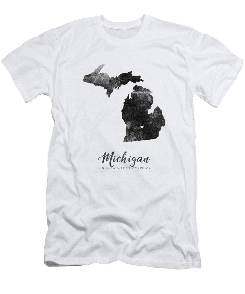 Michigan T-Shirt featuring the mixed media Michigan State Map Art - Grunge Silhouette by Studio Grafiikka