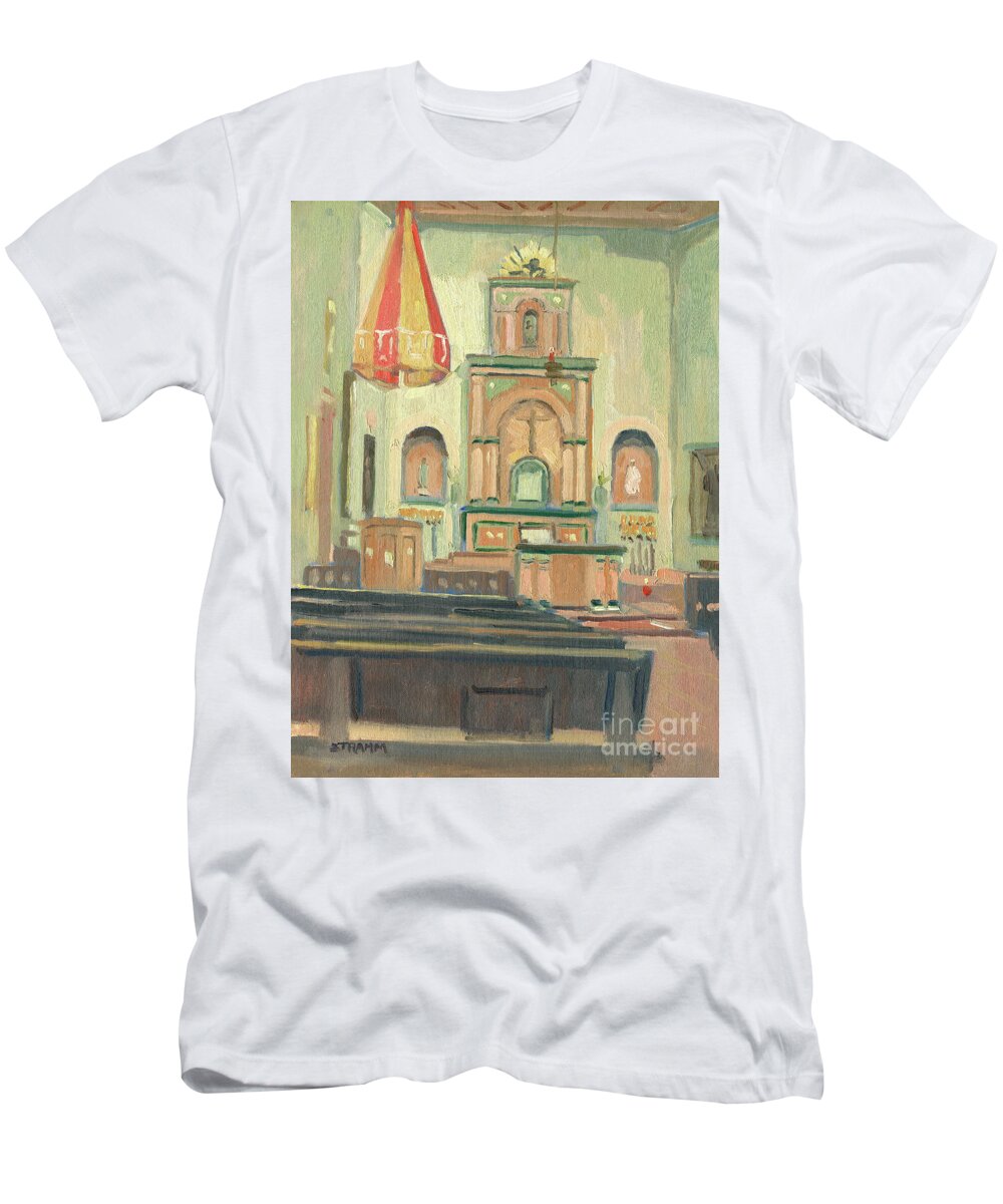 De Alcalá T-Shirt featuring the painting Inside Mission de Alcala San Diego California by Paul Strahm