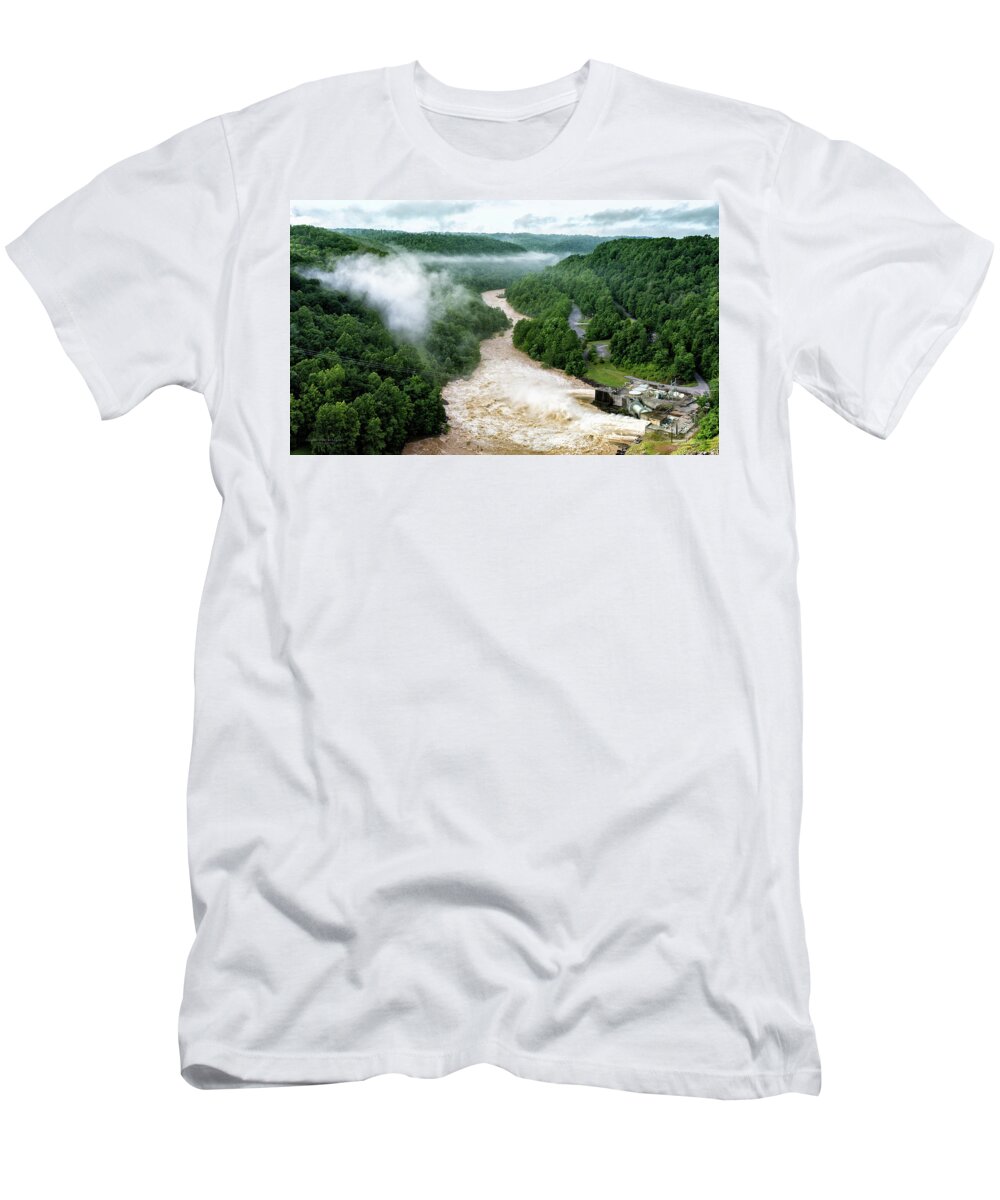 Summersville T-Shirt featuring the photograph Misty Morning At Summersville Lake Dam by Mark Allen