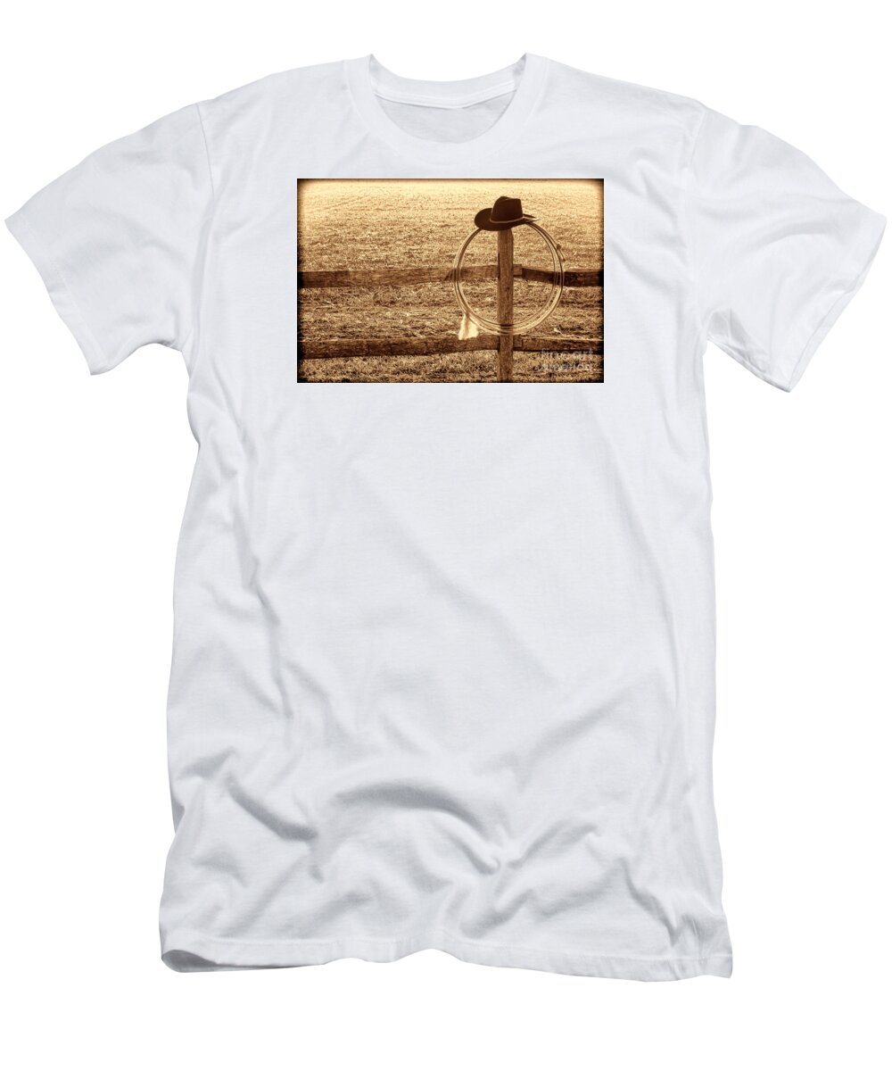 West T-Shirt featuring the photograph Misty Morning at the Ranch by American West Legend By Olivier Le Queinec