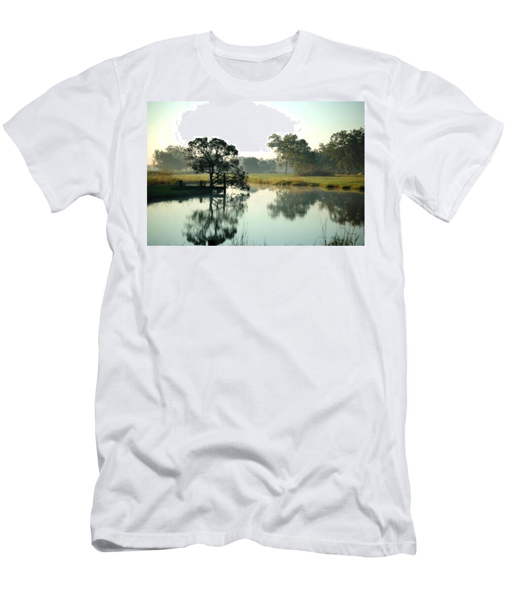 Alabama Photographer T-Shirt featuring the digital art Misty Morning Pond by Michael Thomas