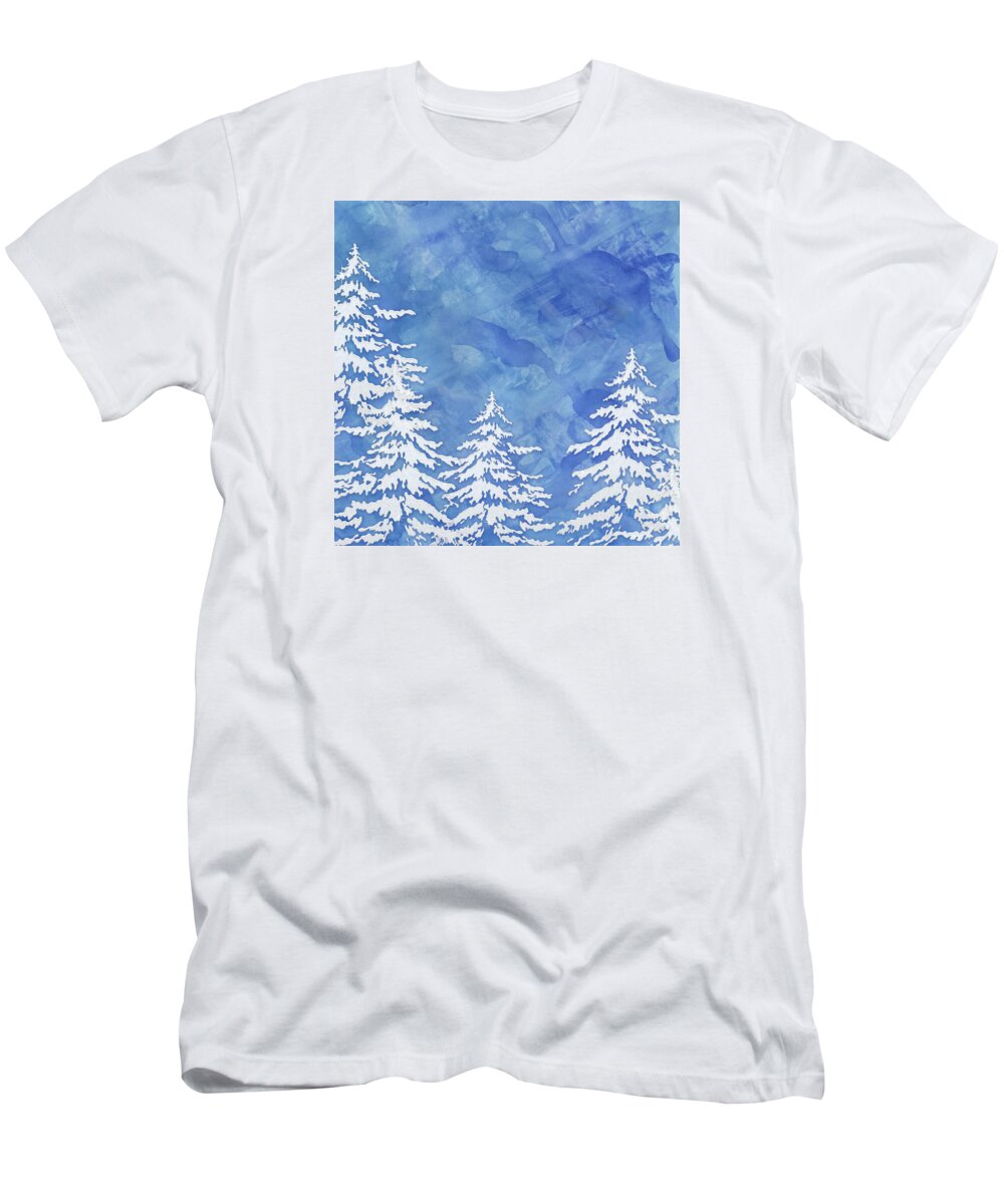 Watercolor T-Shirt featuring the painting Modern Watercolor Winter Abstract - Snowy Trees by Audrey Jeanne Roberts