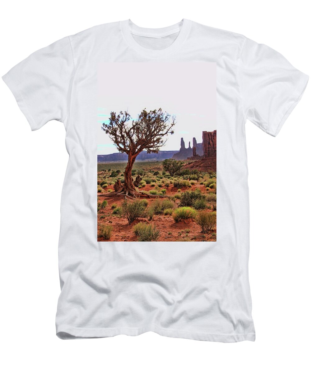 West Mitten T-Shirt featuring the photograph Monument Valley 24 - Three Sisters # 2 by Allen Beatty