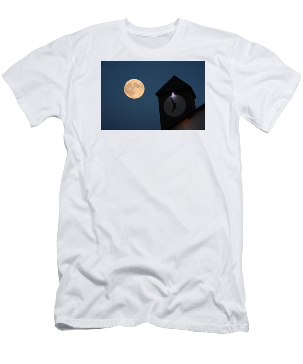 Moon T-Shirt featuring the photograph Moon and Clock Tower by Pat Moore