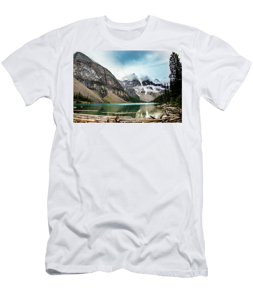 Moraine T-Shirt featuring the photograph Moraine Lake in the Rain by Monte Arnold