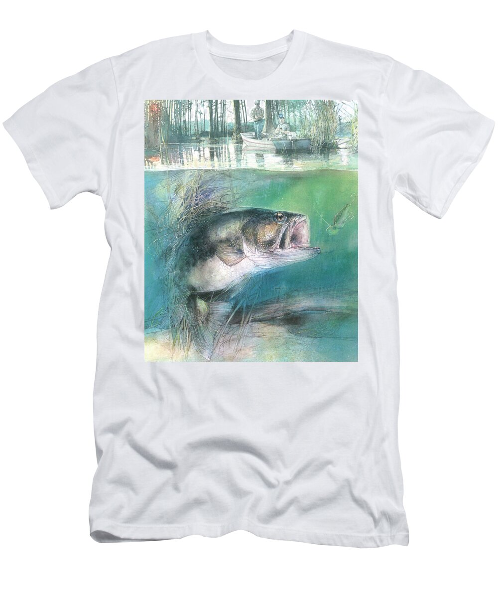 Bass T-Shirt featuring the painting Morning Catch by John Dyess