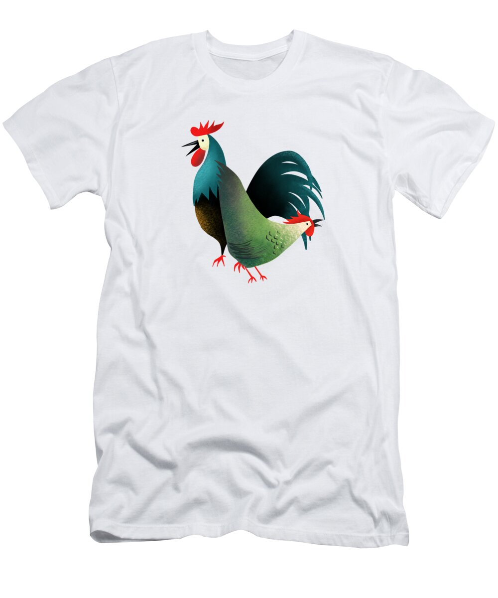 Chicken T-Shirt featuring the painting Morning Glory Rooster And Hen Wake Up Call by Little Bunny Sunshine