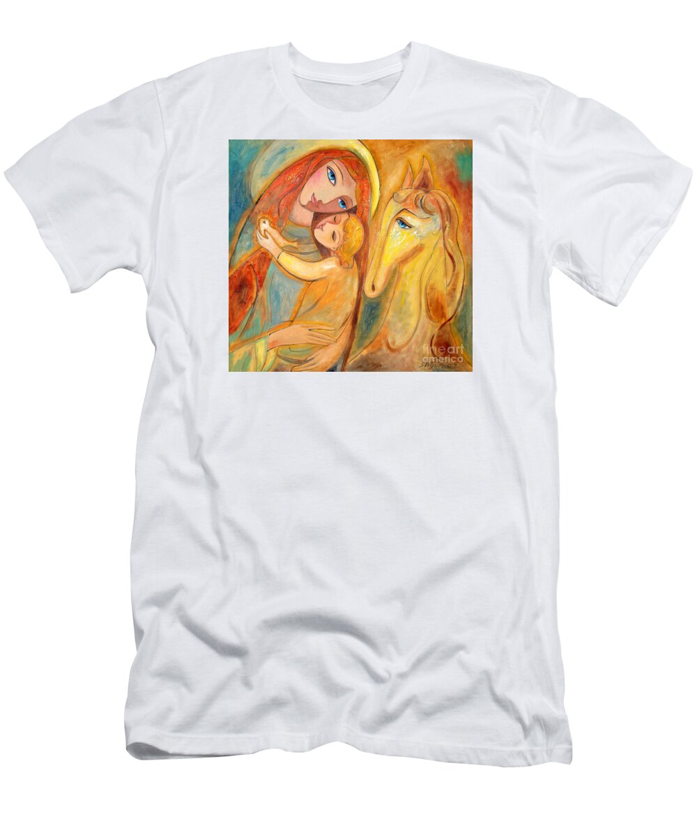 Mother And Child T-Shirt featuring the painting Mother and Child on horse by Shijun Munns