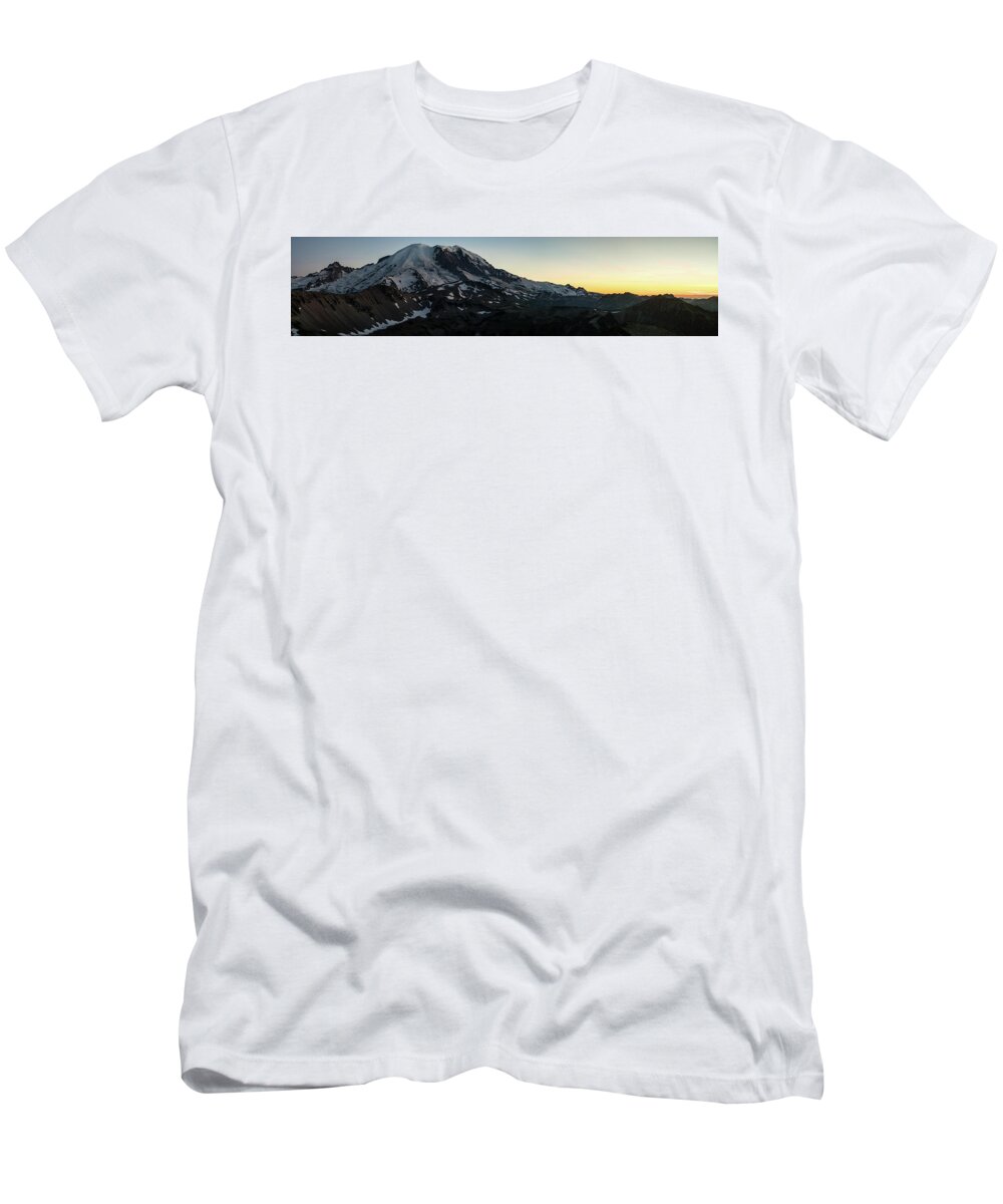 Mount Rainier T-Shirt featuring the photograph Mount Rainier Sunset Light Panorama by Mike Reid