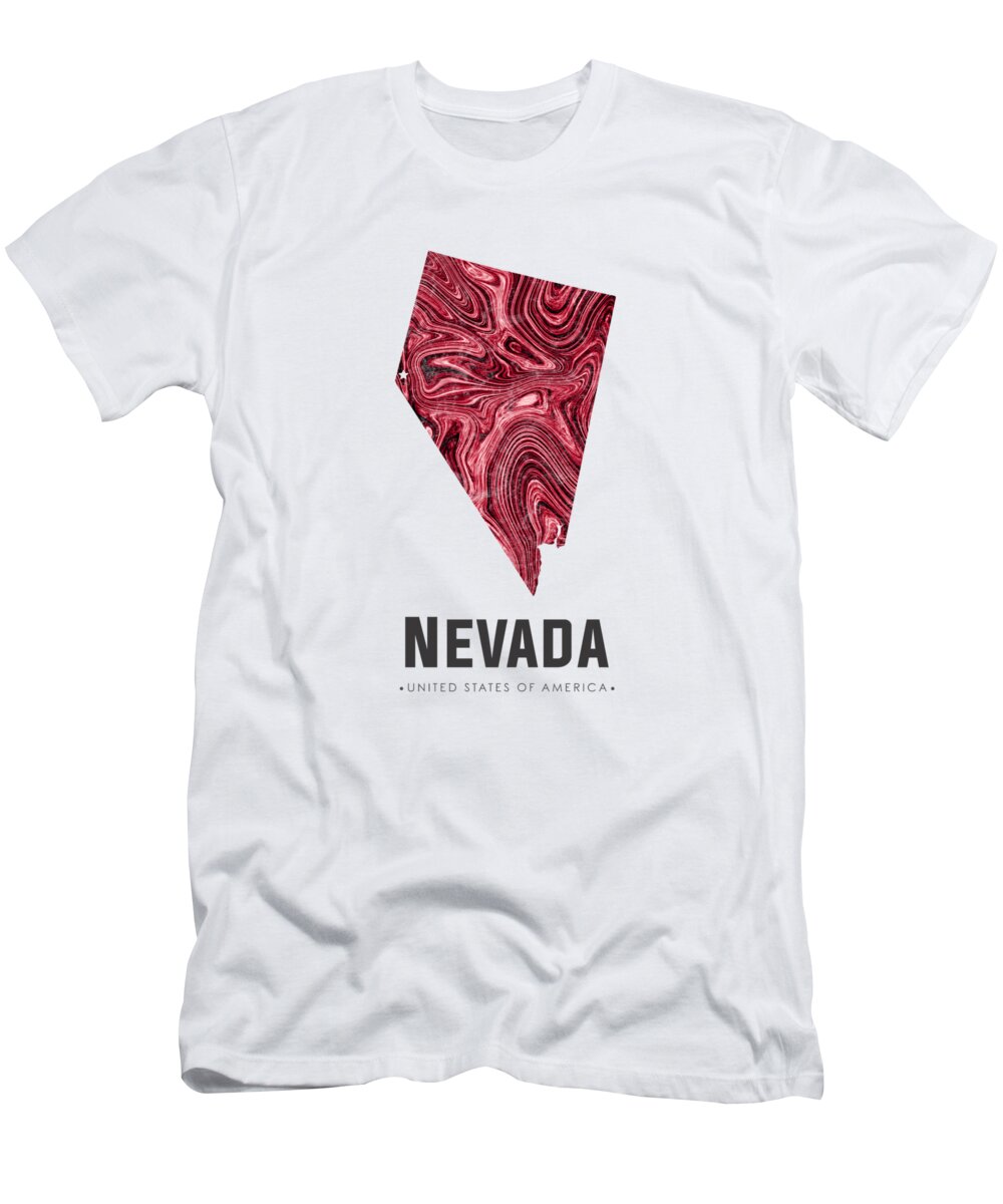 Nevada T-Shirt featuring the mixed media Nevada Map Art Abstract in Deep Red by Studio Grafiikka