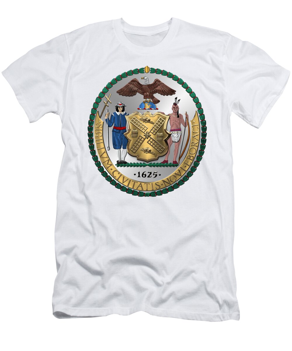 New York City Coat of Arms - City of New York Seal over White Leather T- Shirt by Serge Averbukh - Pixels