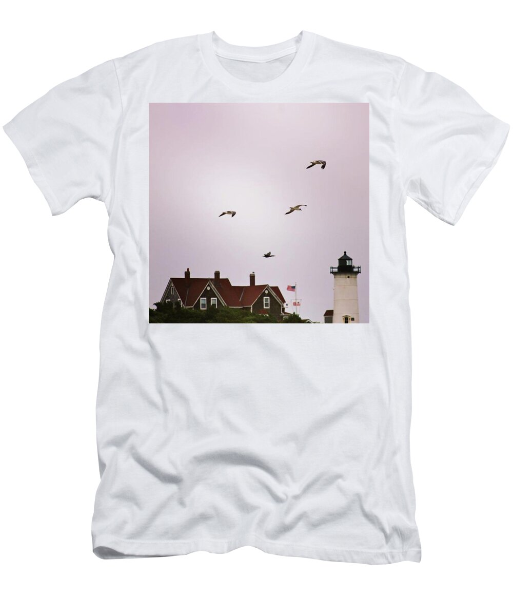Nobska T-Shirt featuring the photograph Nobska And Gulls by Justin Connor