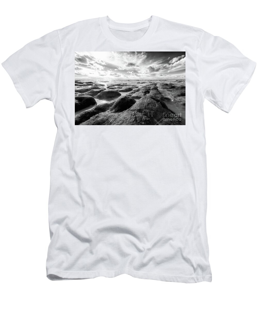 Norfolk T-Shirt featuring the photograph Norfolk Hunstanton rugged coastline black and white by Simon Bratt
