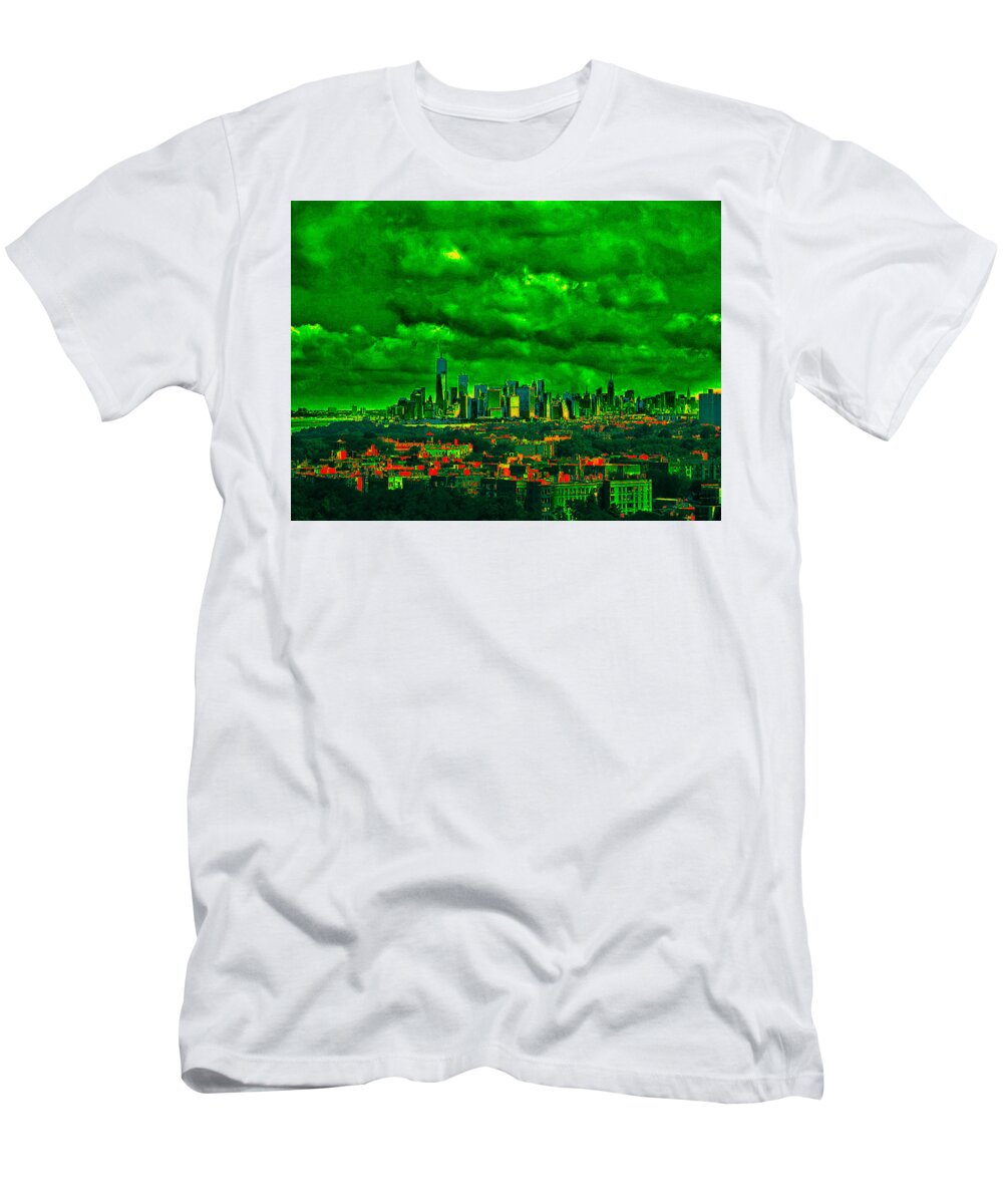 Nyc Skyline T-Shirt featuring the mixed media NYC Skyline Night Vision by Stacie Siemsen