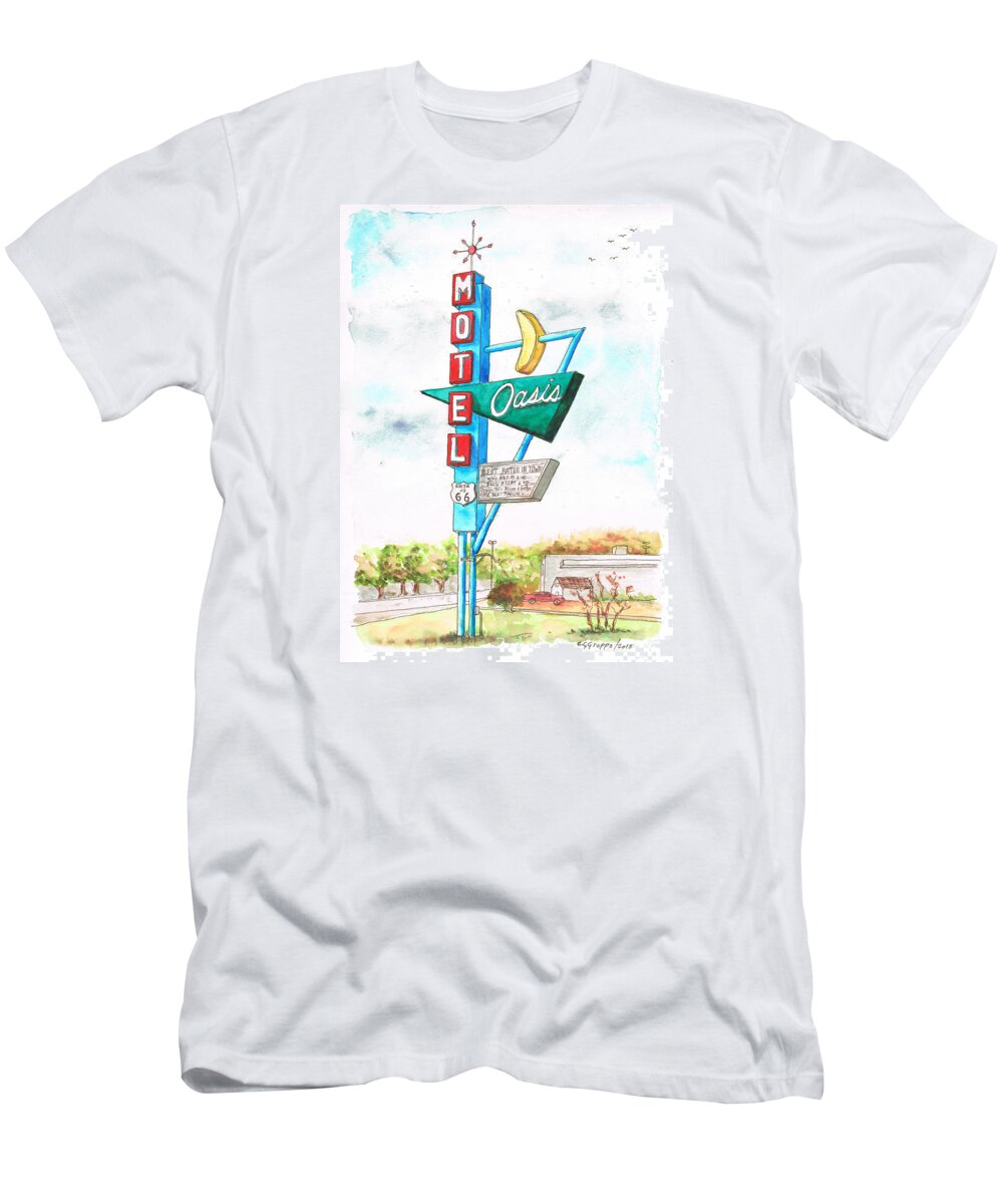 Oasis Motel T-Shirt featuring the painting Oasis Motel in Route 66, Tulsa, Texas by Carlos G Groppa