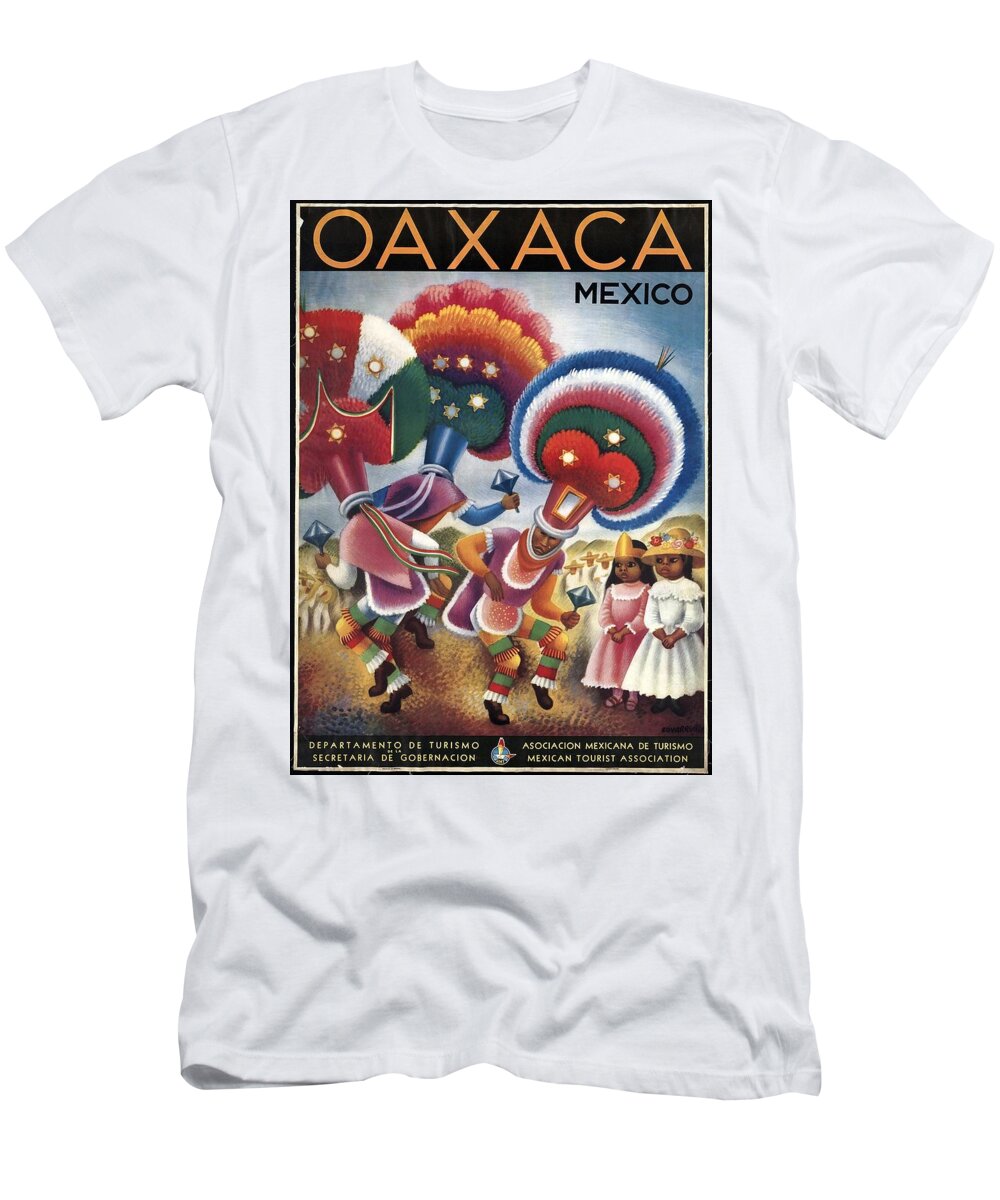 Oaxaca T-Shirt featuring the mixed media Oaxaca, Mexico - Mexicans Dancing in Ceremonial Dress - Retro travel Poster - Vintage Poster by Studio Grafiikka