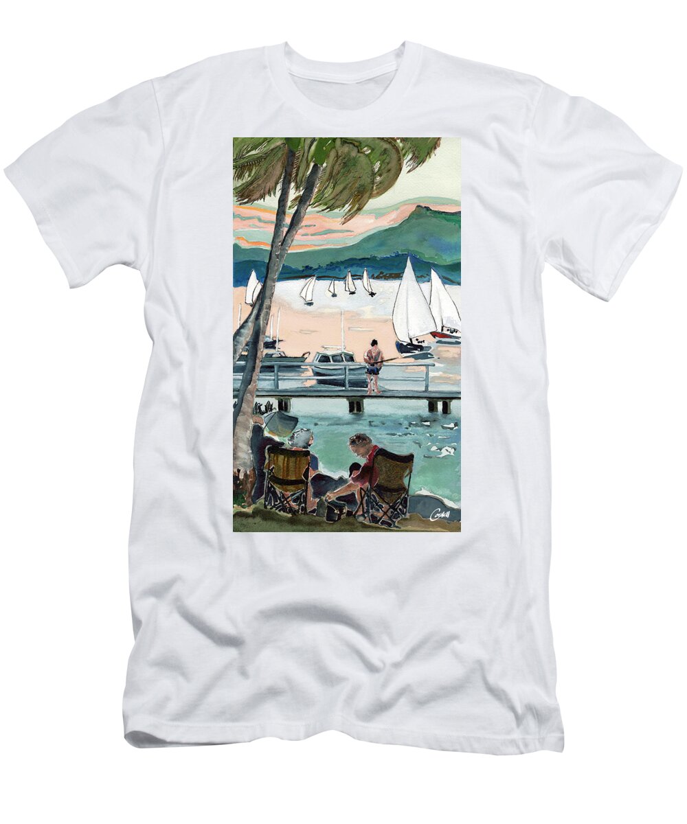 Seascape River Estuary Yachting Fishing Noosa Australia Sunshine Coast Sunset Subtropical T-Shirt featuring the painting October Evening, Noosa River by Joan Cordell