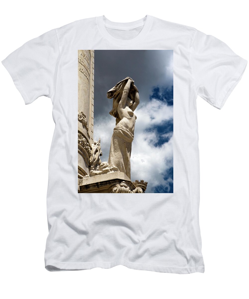 Lisbon T-Shirt featuring the photograph Of Shadow and Sky in Marquis de Pombal Square by Lorraine Devon Wilke