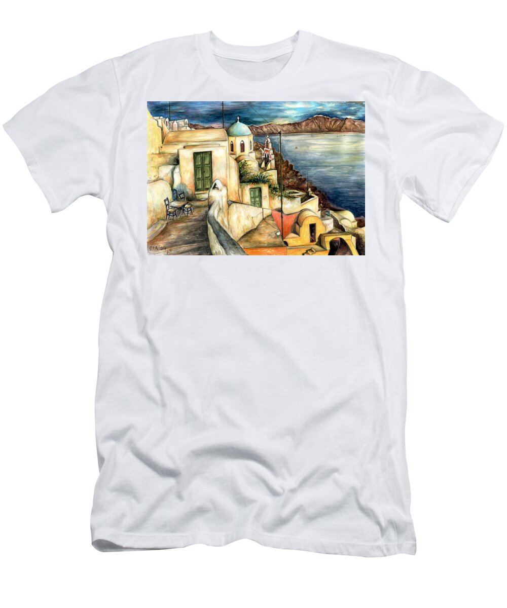 Santorini T-Shirt featuring the painting Oia Santorini Greece - Watercolor by Peter Potter