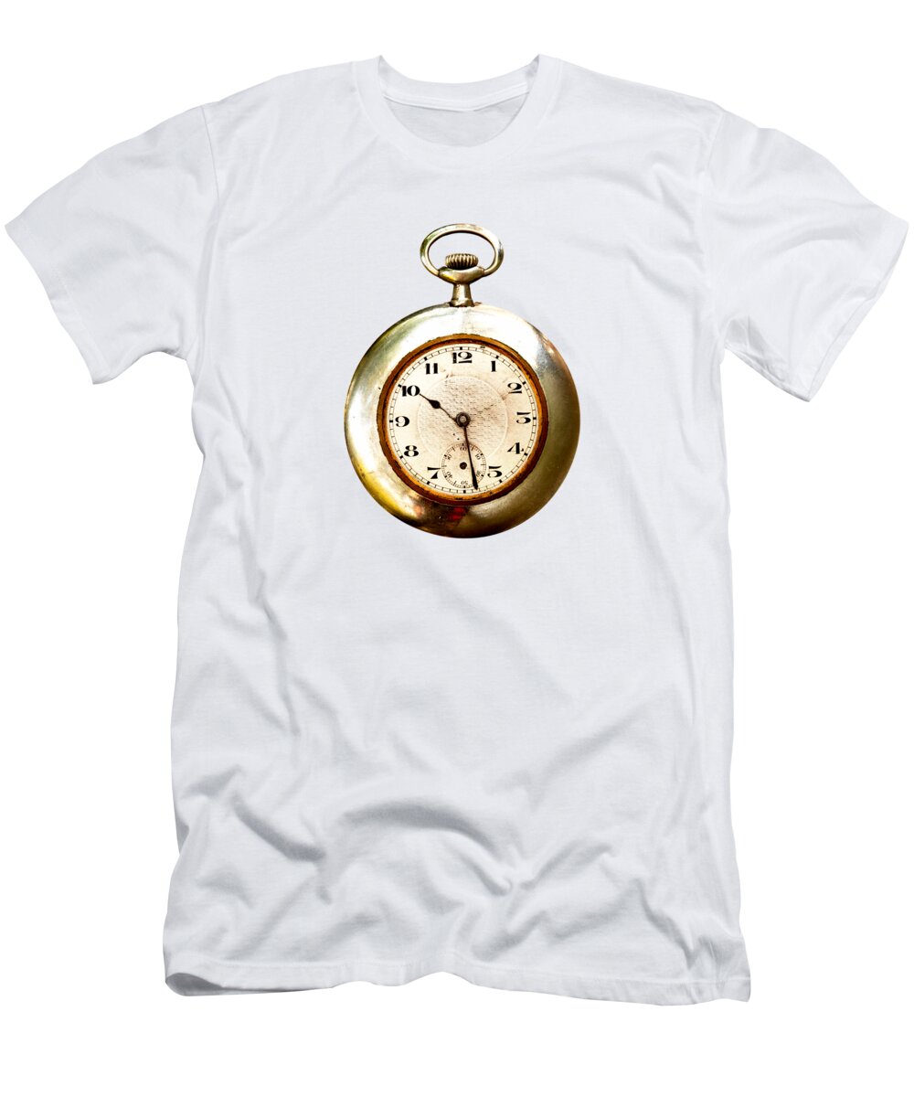 Clock T-Shirt featuring the photograph Old and used pocket clock om white background by Michal Boubin