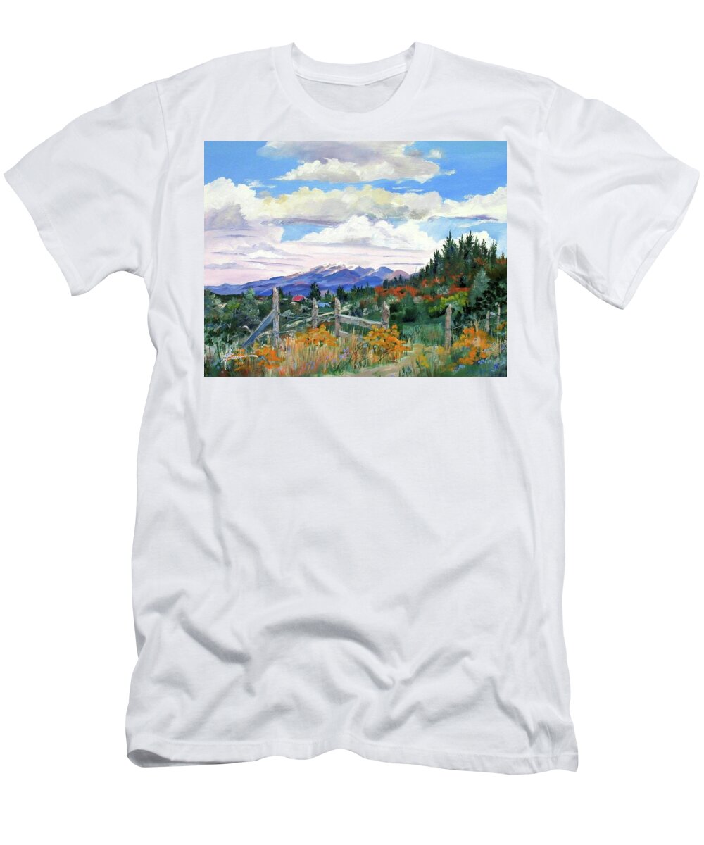 Mountains T-Shirt featuring the painting Old North Fence-In Colorado by Adele Bower