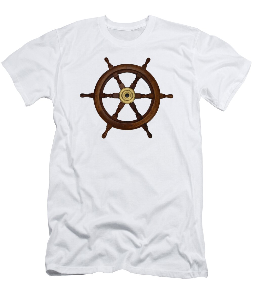 Ships Wheel T-Shirt featuring the photograph Old oak steering wheel for boats and ships by Tom Conway