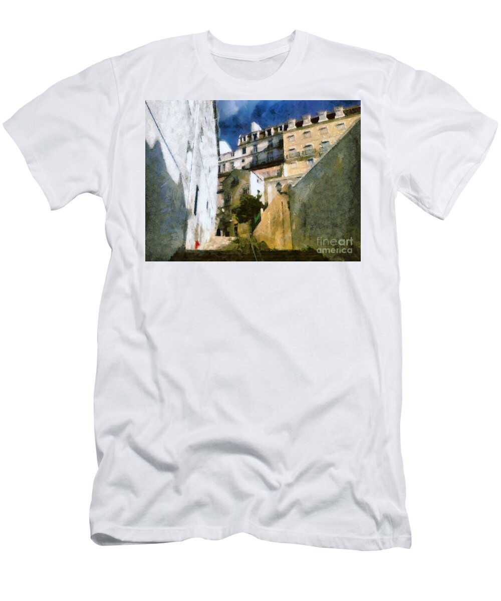 Alfama T-Shirt featuring the painting Old stairs in Lisbon by Dimitar Hristov
