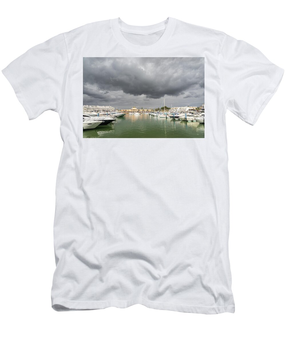 Georgia Mizuleva T-Shirt featuring the photograph Ominous Clouds - Vilamoura Marina Algarve Portugal by Georgia Mizuleva