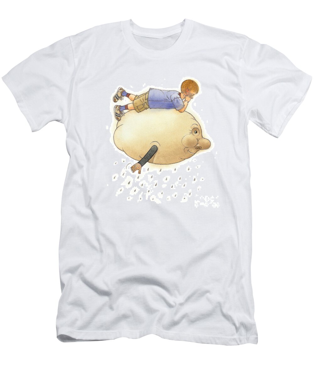 Clouds Sky Flying Boy White Blue Rain T-Shirt featuring the painting On a Cloud by Kestutis Kasparavicius