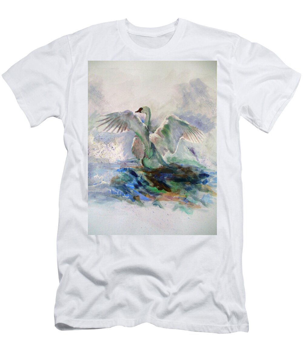 Bird T-Shirt featuring the painting On the water by Khalid Saeed