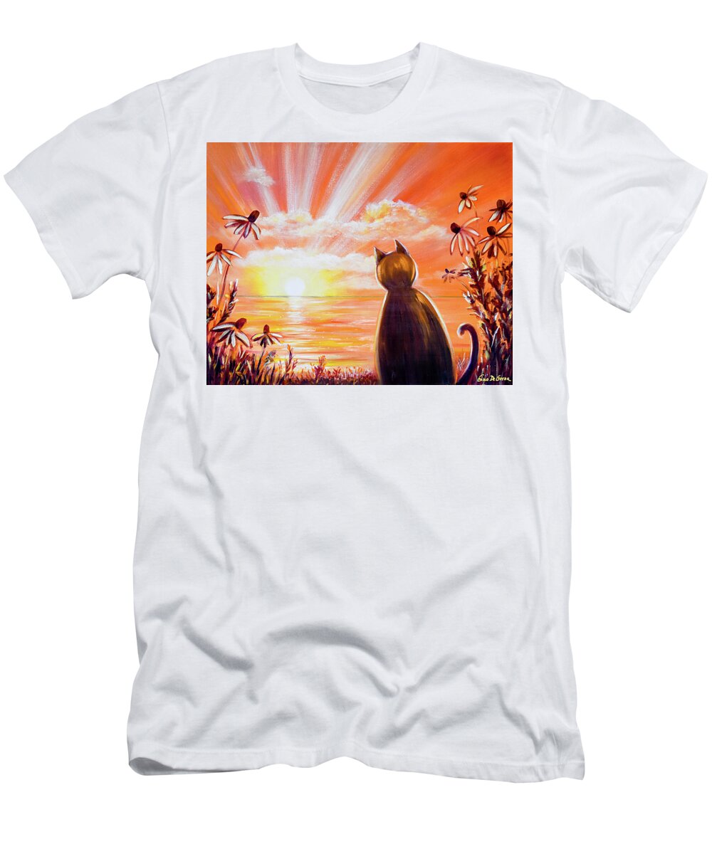Cat T-Shirt featuring the painting Orange Sunset with a Cat by Gina De Gorna