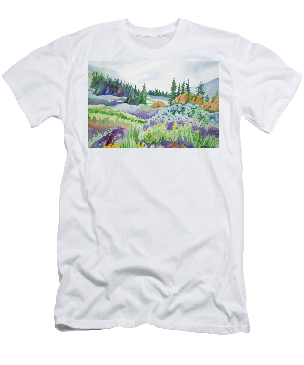 Rockies T-Shirt featuring the painting Original Watercolor - Summer in the Rockies by Cascade Colors