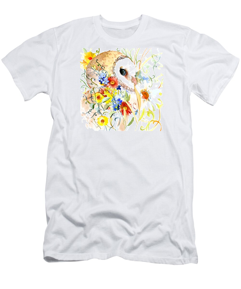 Owl Owl Art T-Shirt featuring the painting Owl And Flowers by Suren Nersisyan