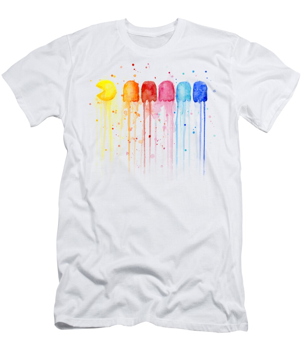 Video Game T-Shirt featuring the painting Pacman Watercolor Rainbow by Olga Shvartsur