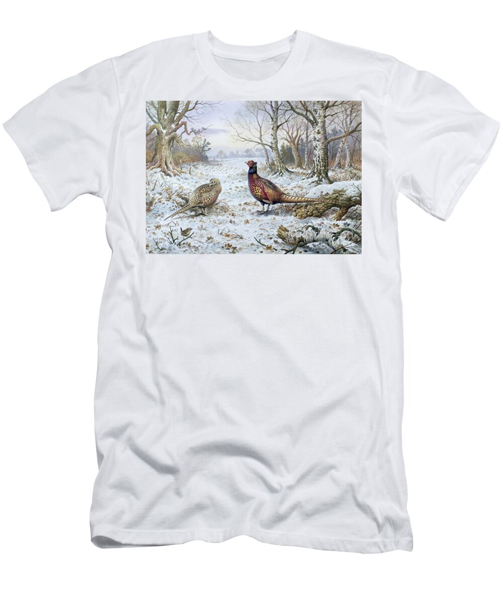 Game Bird; Snow; Woodland; Perdrix; Faisan; Troglodyte; Pheasant; Pheasants; Tree; Trees; Bird; Animals T-Shirt featuring the painting Pair of Pheasants with a Wren by Carl Donner