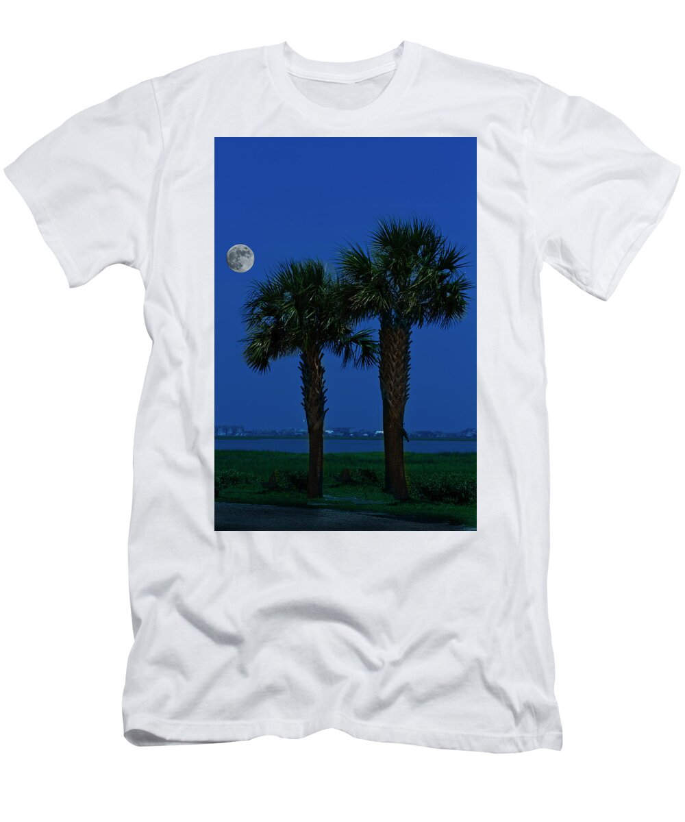 Palms T-Shirt featuring the photograph Palms and Moon at Morse Park by Bill Barber