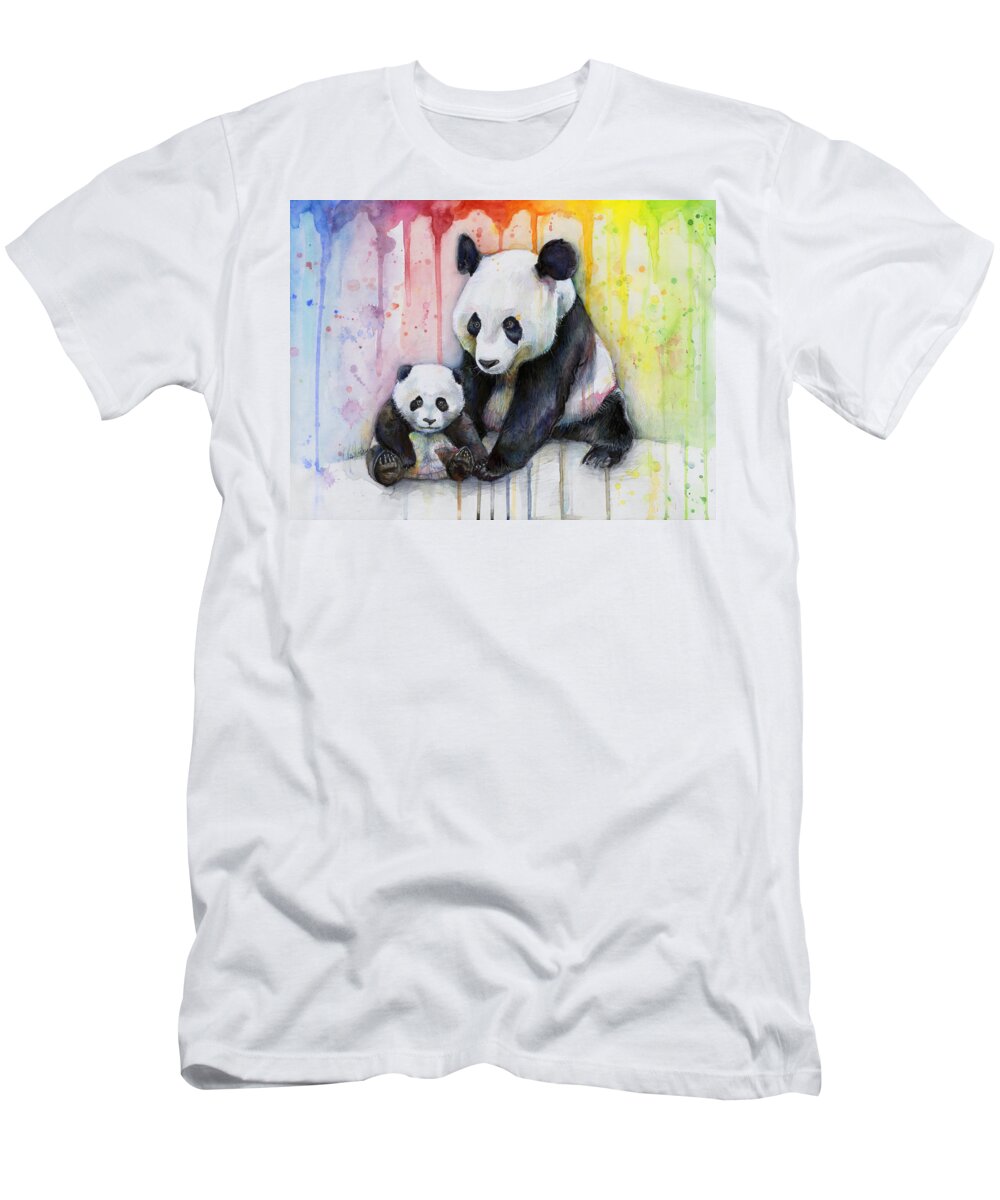 Watercolor T-Shirt featuring the painting Panda Watercolor Mom and Baby by Olga Shvartsur