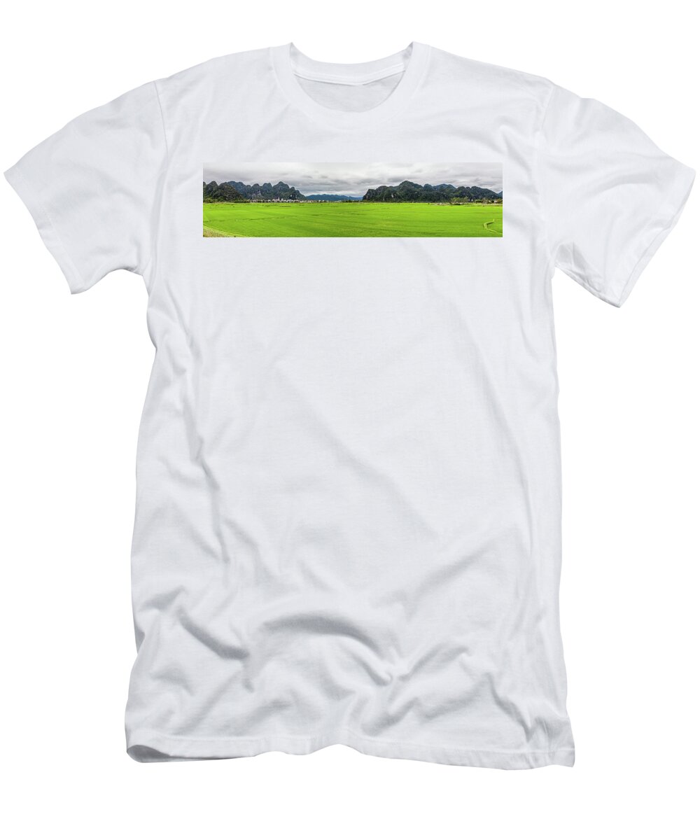 Panorama T-Shirt featuring the photograph Panorama of green rice fields and Phong Nha city, Vietnam by Lukasz Szczepanski
