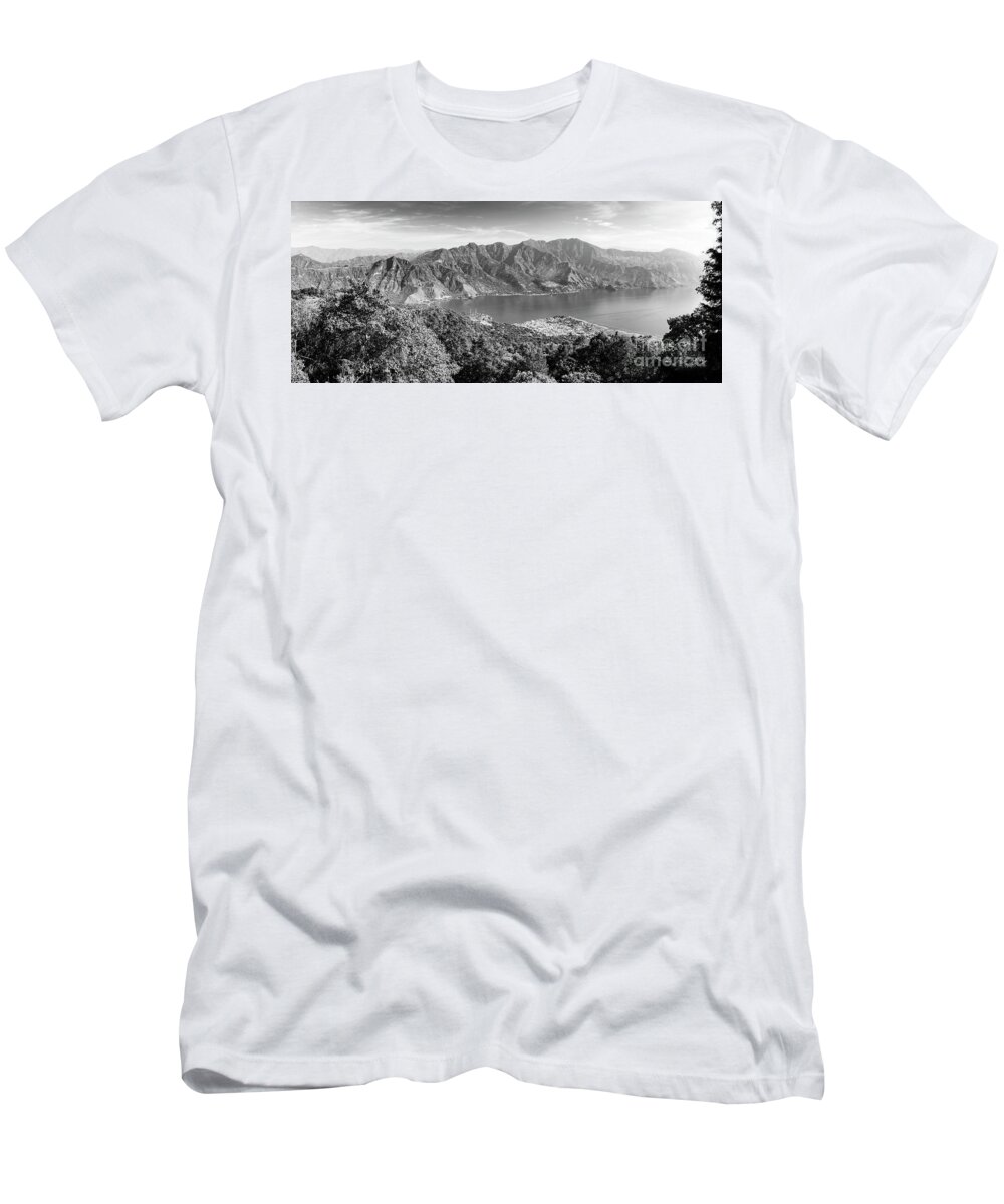 Landscape T-Shirt featuring the photograph Panorama Of Lake Atitlan Black and White by THP Creative