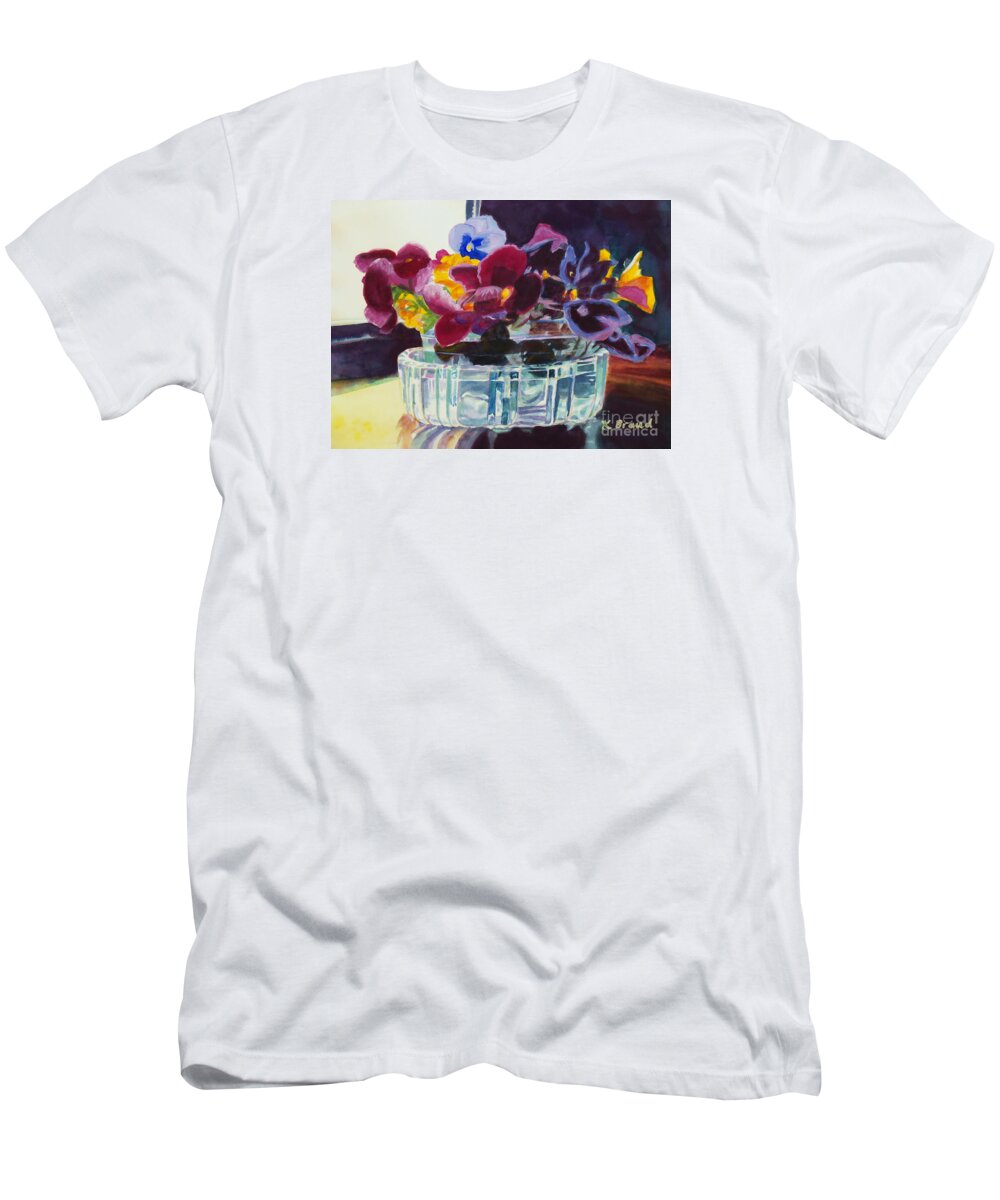 Paintings T-Shirt featuring the painting Pansies in Crystal Vase  by Kathy Braud