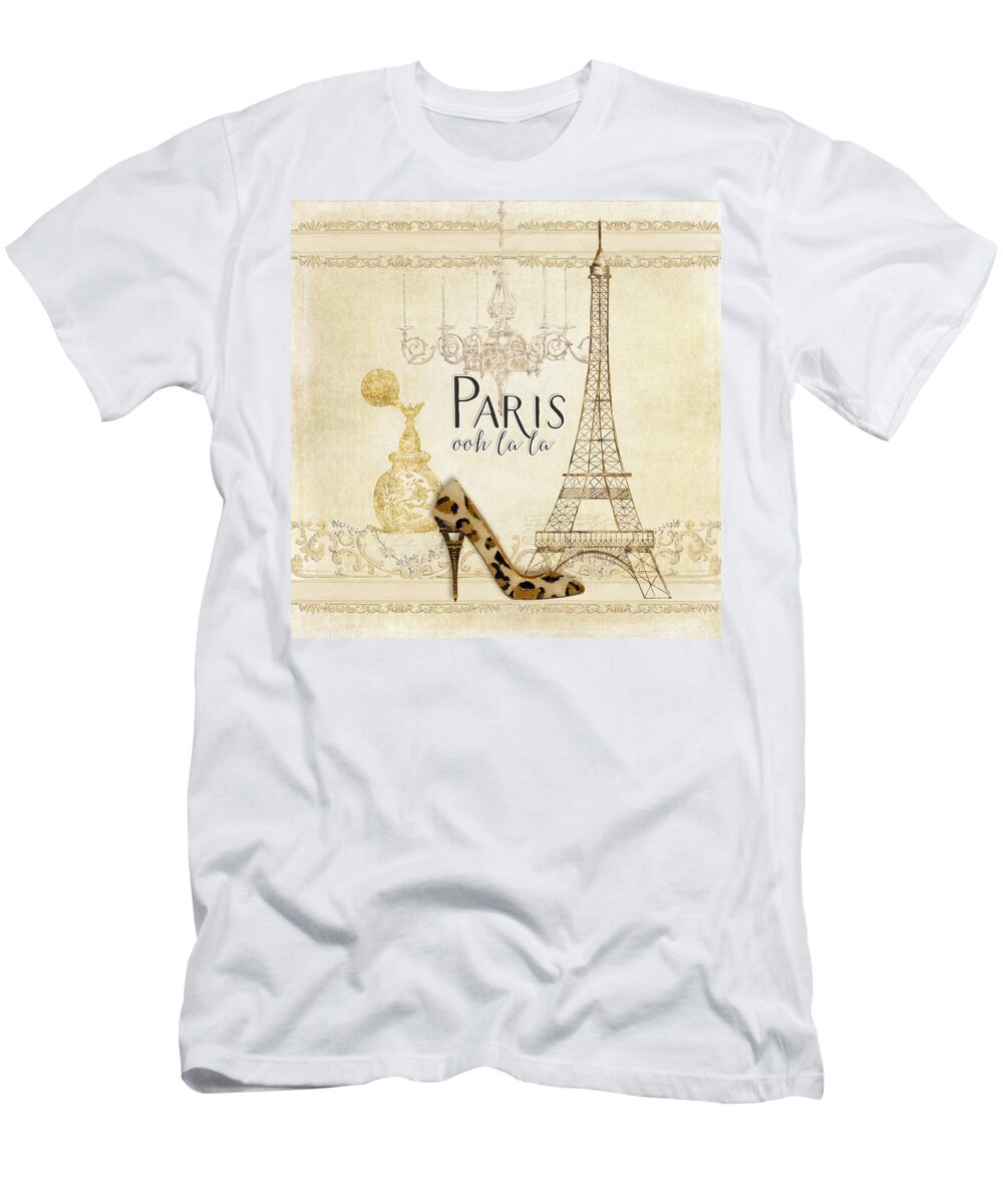 Fashion T-Shirt featuring the painting Paris - Ooh la la Fashion Eiffel Tower Chandelier Perfume Bottle by Audrey Jeanne Roberts