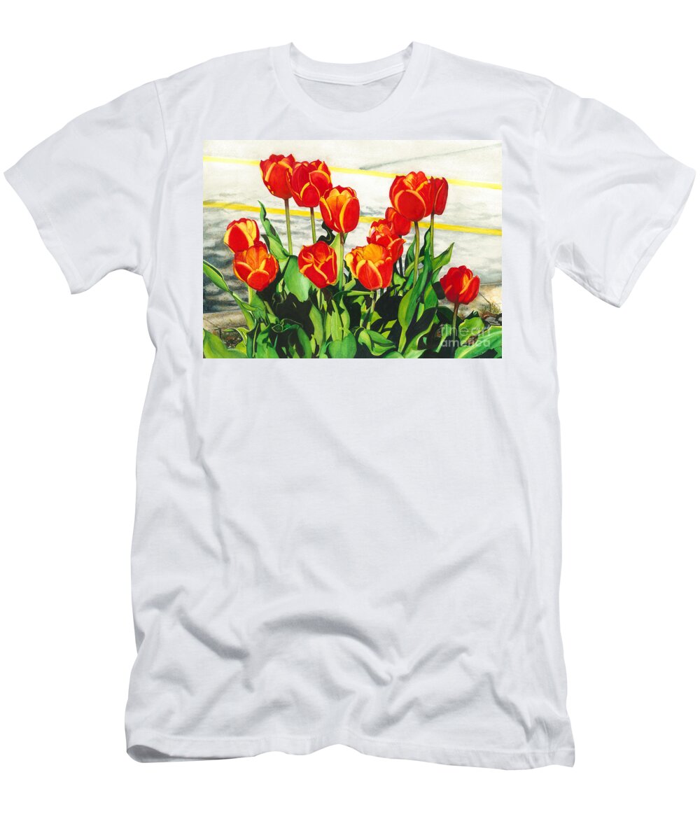 Watercolor Flowers T-Shirt featuring the painting Parking Lot tulips by Barbara Jewell