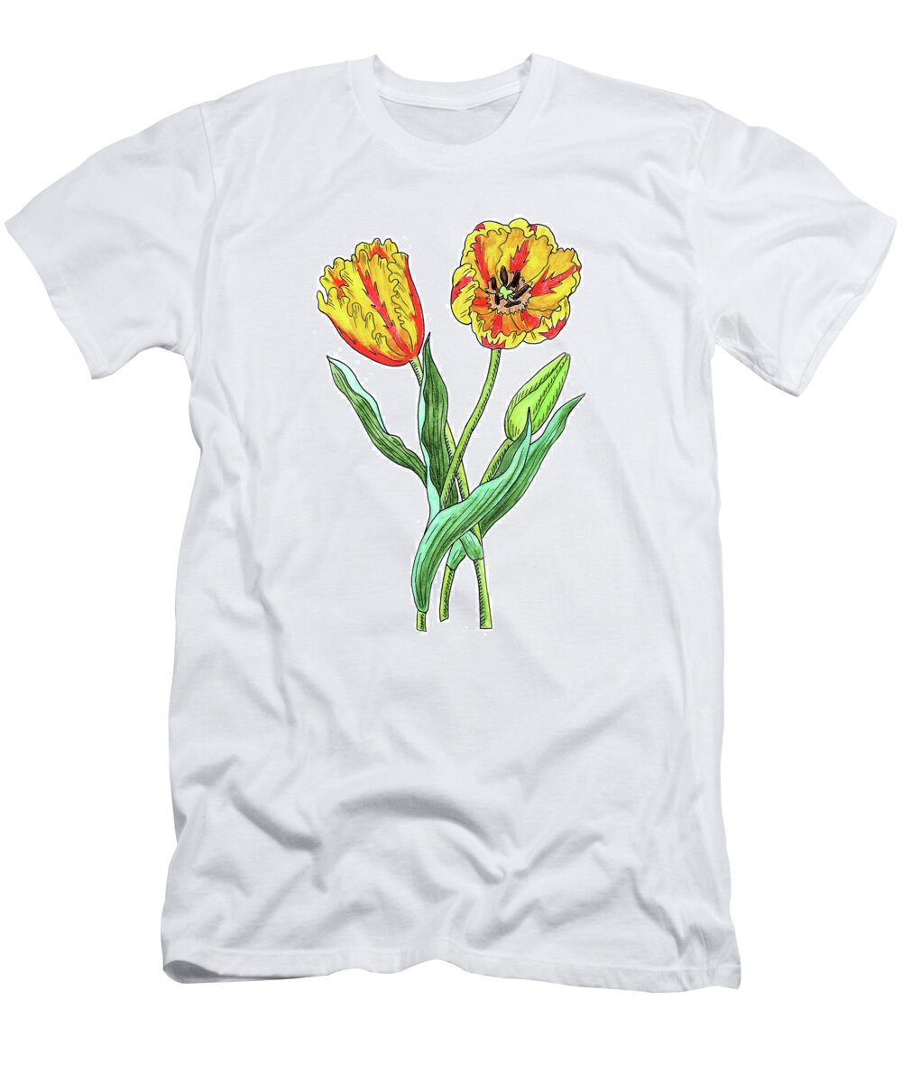 Parrot Tulips T-Shirt featuring the painting Parrot Tulips Botanical Watercolor by Irina Sztukowski