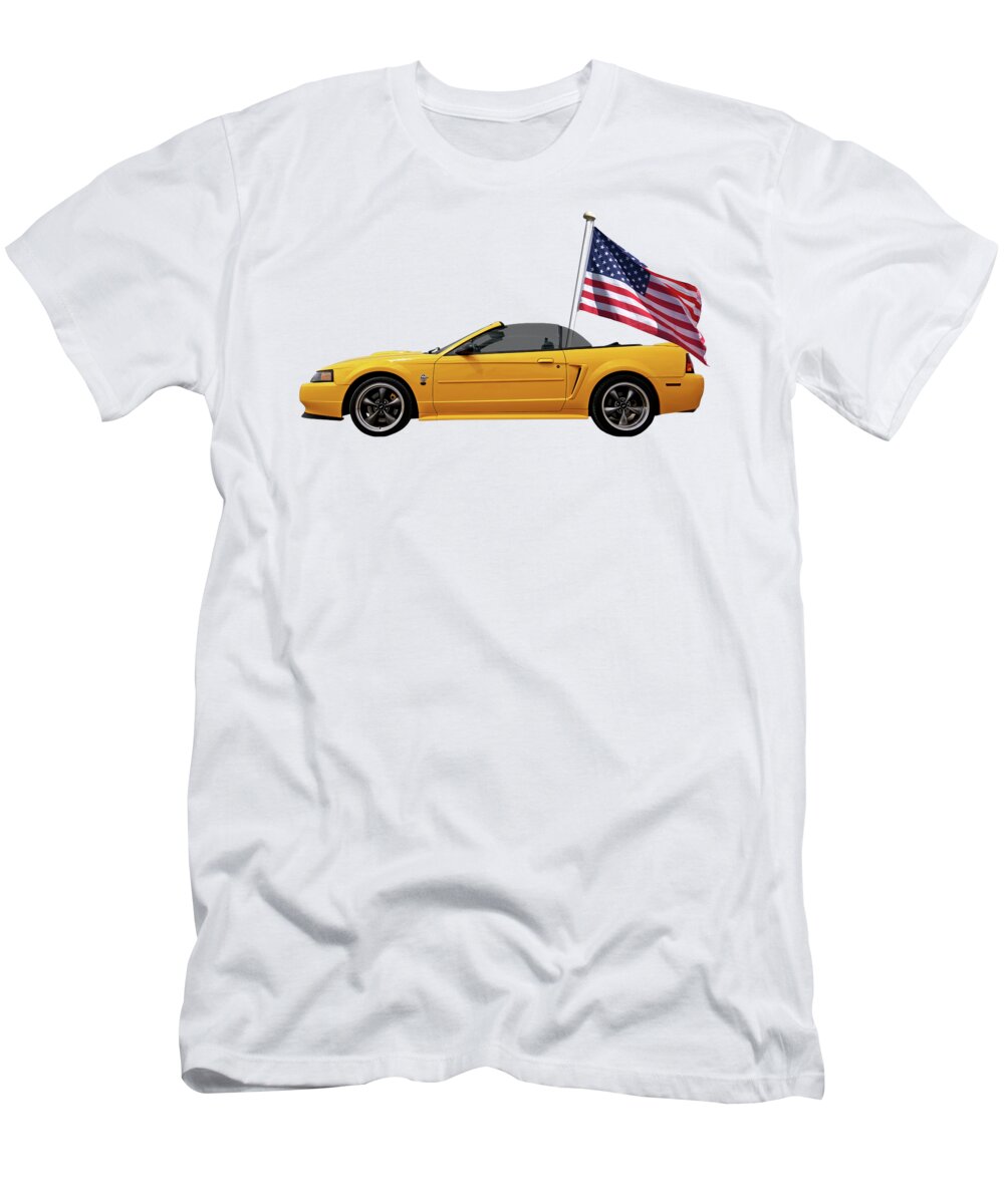 Ford Mustang T-Shirt featuring the photograph Patriotic Yellow Mustang With US Flag by Gill Billington