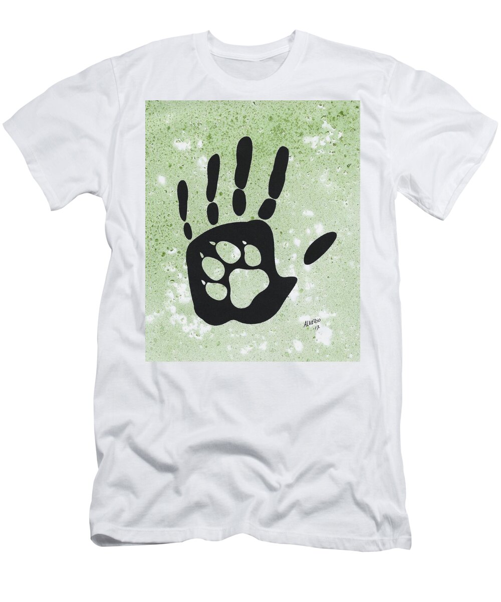 Paw T-Shirt featuring the painting Paw and Hand by Edwin Alverio