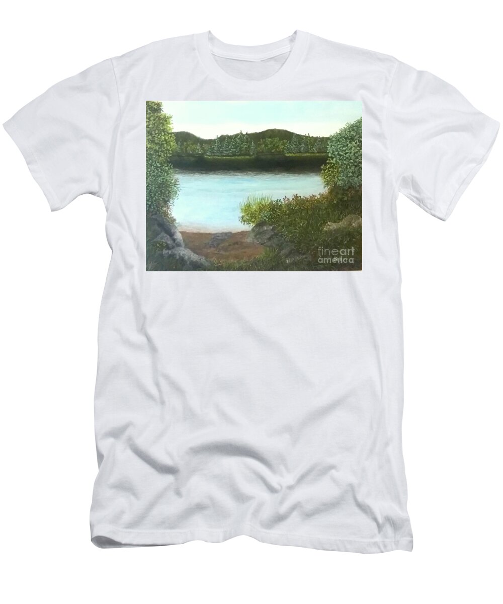 Lake T-Shirt featuring the painting Peaceful morning. by Peggy Miller