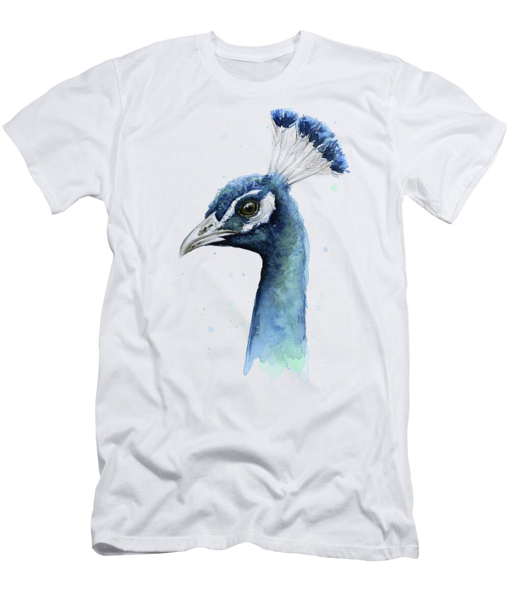 Watercolor Peacock T-Shirt featuring the painting Peacock Watercolor by Olga Shvartsur